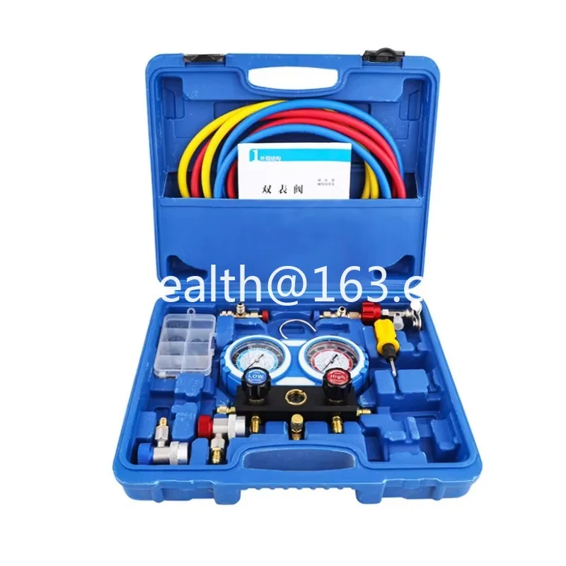 R134a R22 R404A Refrigerant 3-way Automotive AC Pressure Gauge AC Manifold Pressure Gauge Set with 5ft Hose Coupler Adapter