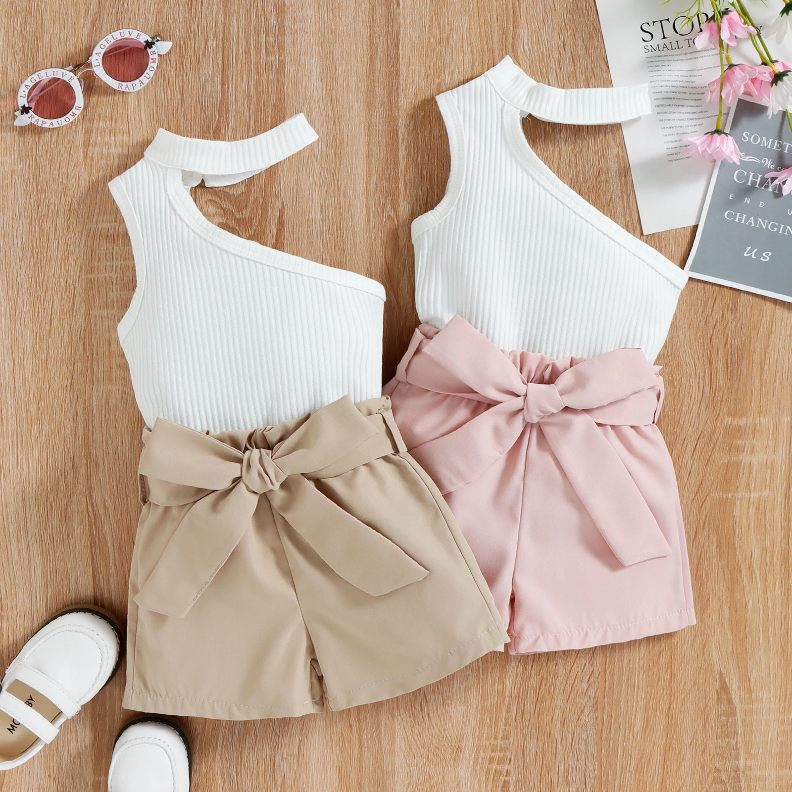 2PCS Summer Baby Girls 0-4 Years Old Soft And Comfortable Fresh And Beautiful Pit Vest + Solid Color Shorts Casual Suit