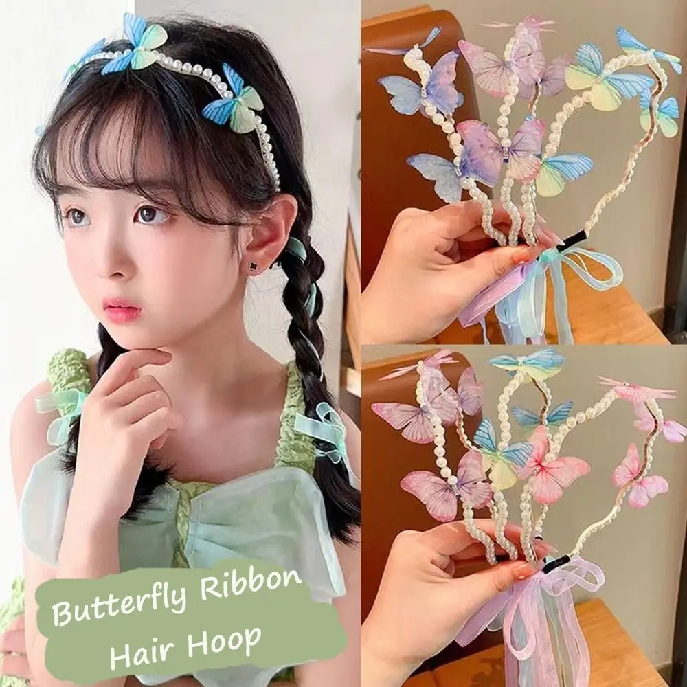 Korean Style Butterfly Ribbon Hairband Gradient Color Head Wear Moving Wings Hair Hoop 3D Hair Clip Children Pearl Headband