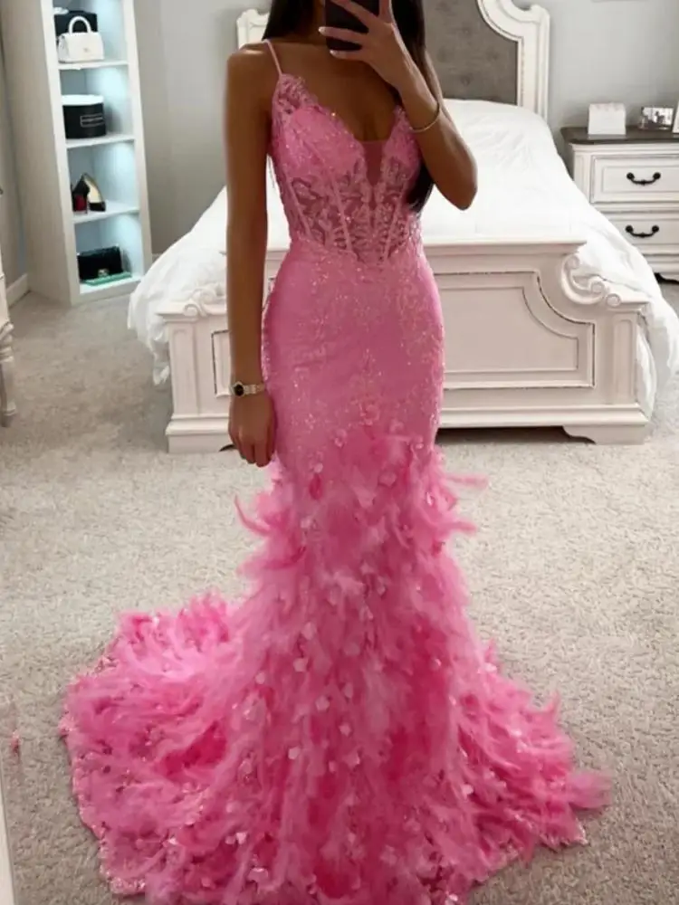 

Luxury Pink Meramid Formal Occasion Dresses For Special Events 2024 V Neck Lace Feather Long Women Evening Wedding Party Gown