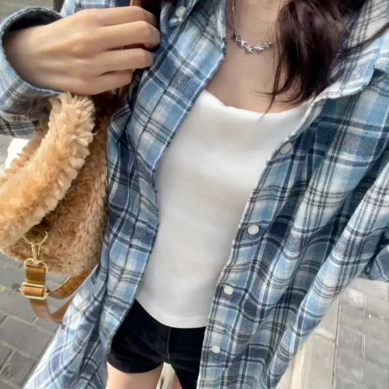 

Korean Style Shirts for Women Long Sleeve Single Breasted Blue Plaid Chic Girls Ins Streetwear Casual Spring Autumn Ulzzang Cool