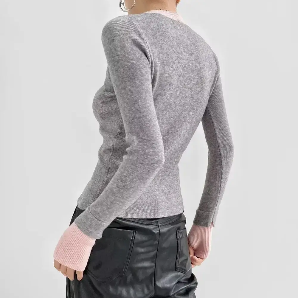 Herfst trui met ronde hals en contrasterende kleur Dames gesplitste trui met extra lange mouwen