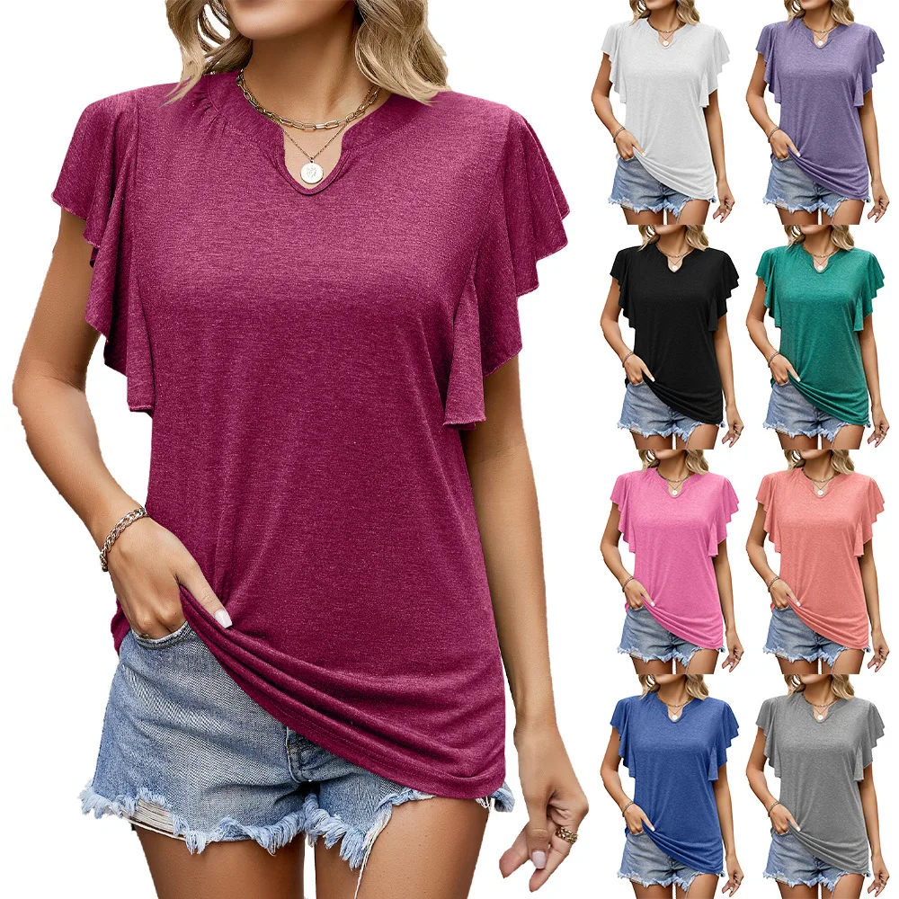 

Europe and the United States summer new fashion solid color U-neck short sleeve wave sleeve loose T-shirt blouse woman