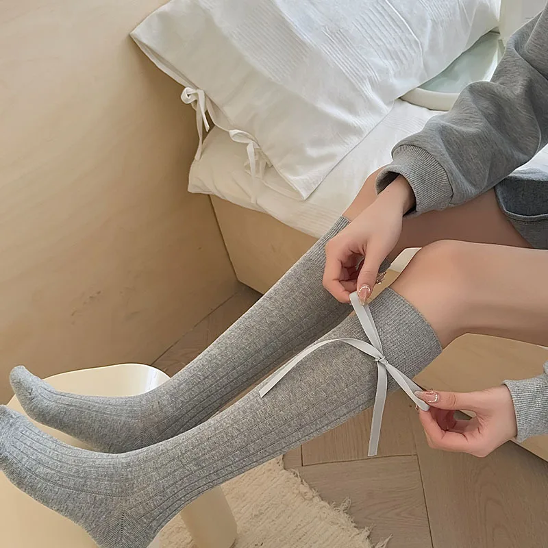 

Длинные женские носки высокого качества, однотонные милые гольфы с бантом, Femme Brew, тонкие, мягкие, милые женские чулки в полоску