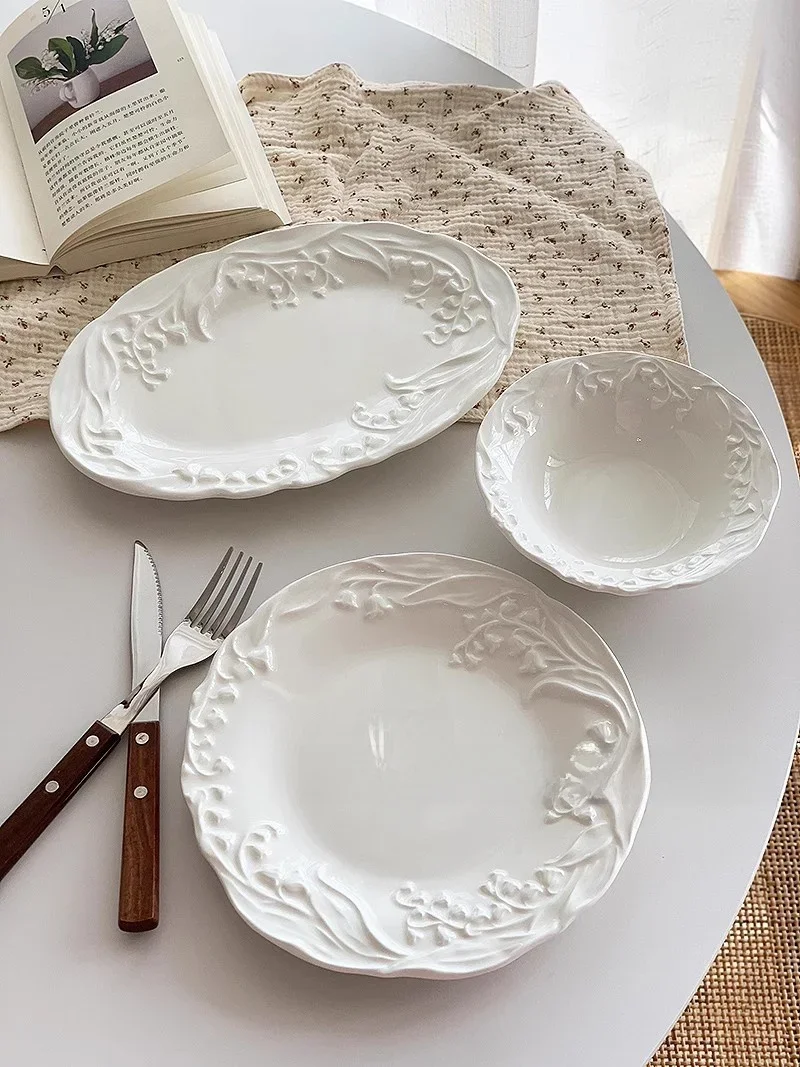 Anmuli Large Order Country Style Bellflower Embossed Porcelain Salad Bowl Dish Plate French Style round Shape Universal Use