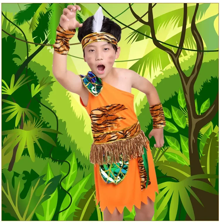 Halloween Party Cosplay Kostüm Kinder Savage Caveman Kostüme Junge Leopard Afrikanische Tribal Hunter Indische Kleidung Mädchen Junge