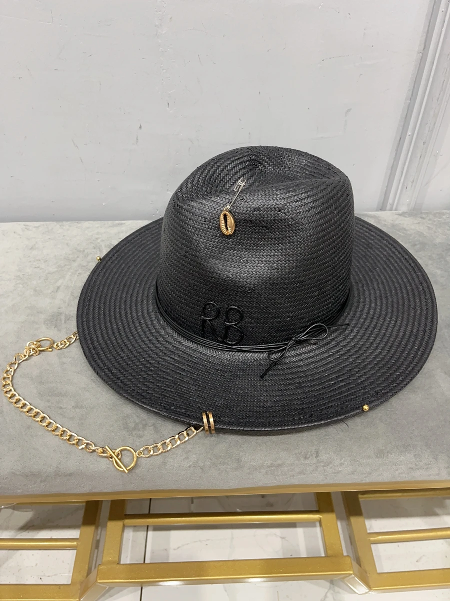 2023 summer new arrival RB straw hat black chain strap fedora hat for women  Sunshade Beach Hat Ladies