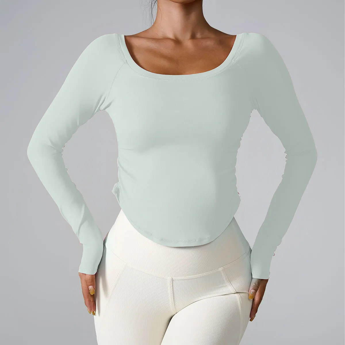 여성용 스포츠 긴팔 빠른 건조 고탄력 스포츠 티셔츠 여성 누드 플리츠 타이트 요가 탑 러닝 짐 스포츠웨어