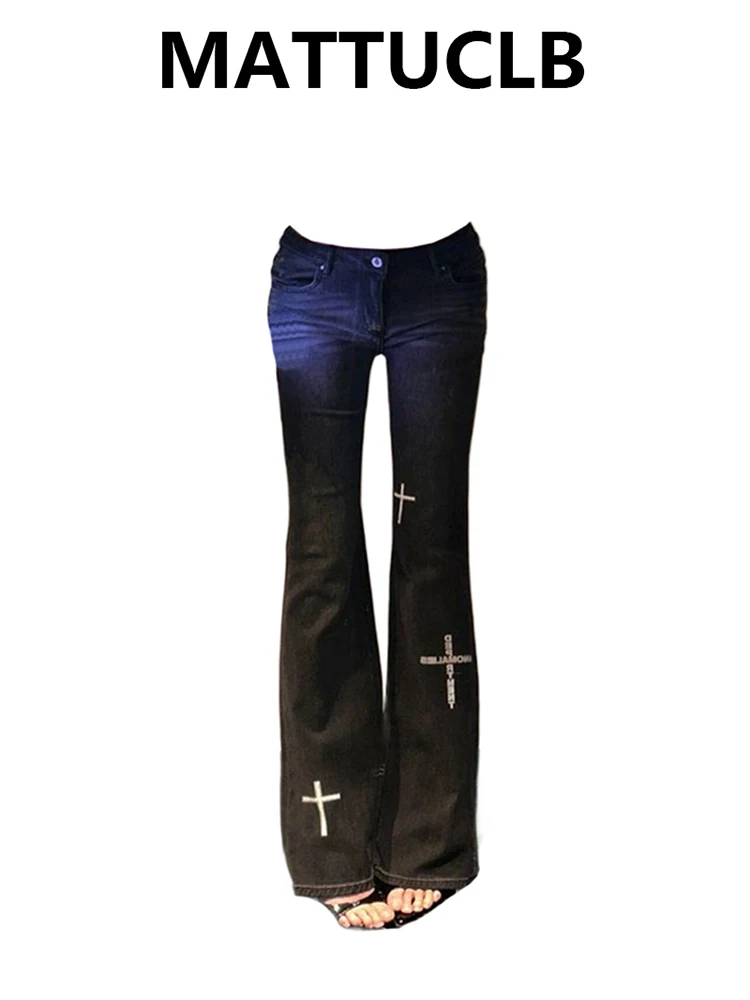 2025 Autumn Winter Dark Academia Cross Women Denim Flare Pants Low Rise Jean Y2k Harajuku Bell Bottom New Stylish Bootcut Jeans