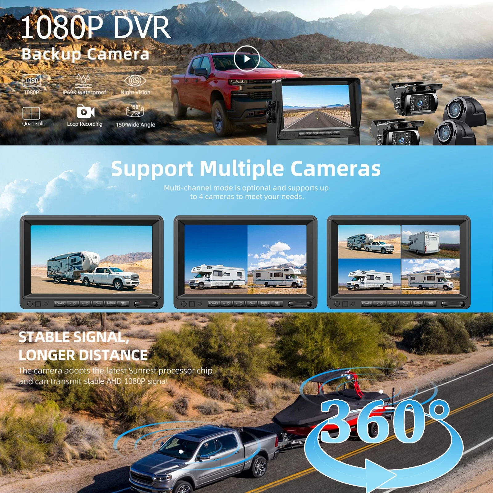 9 Inch IPS Screen Quad Monitor Split Screen DVR Loop Recording MP5 4x AHD 1080P Rear View Reversing Cameras 12-36V for Truck Rvs