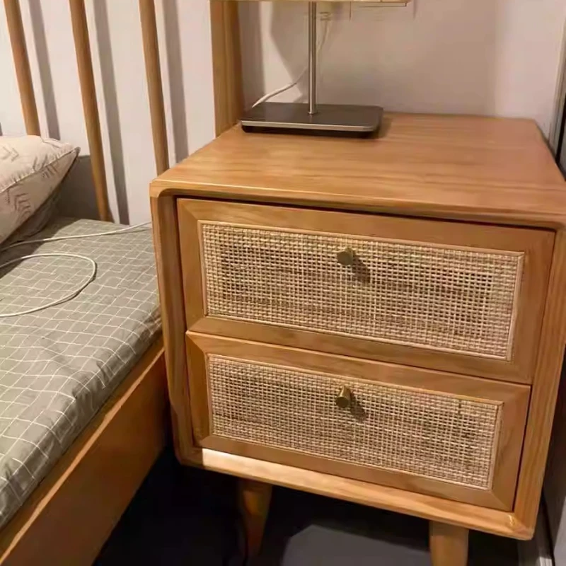 Natural Wood Bedside Cabinet Double Drawer Night Stand Indonesian Rattan Weaving Storage Cabinet Practical Bedroom Furniture