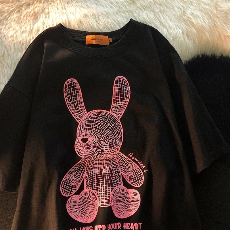 

Oversized T-shirt Harajuku Women T Shirts Rabbit Heart-Shaped Print Short Sleeve Casual Loose Tee Shirt Female Streetwear Tops