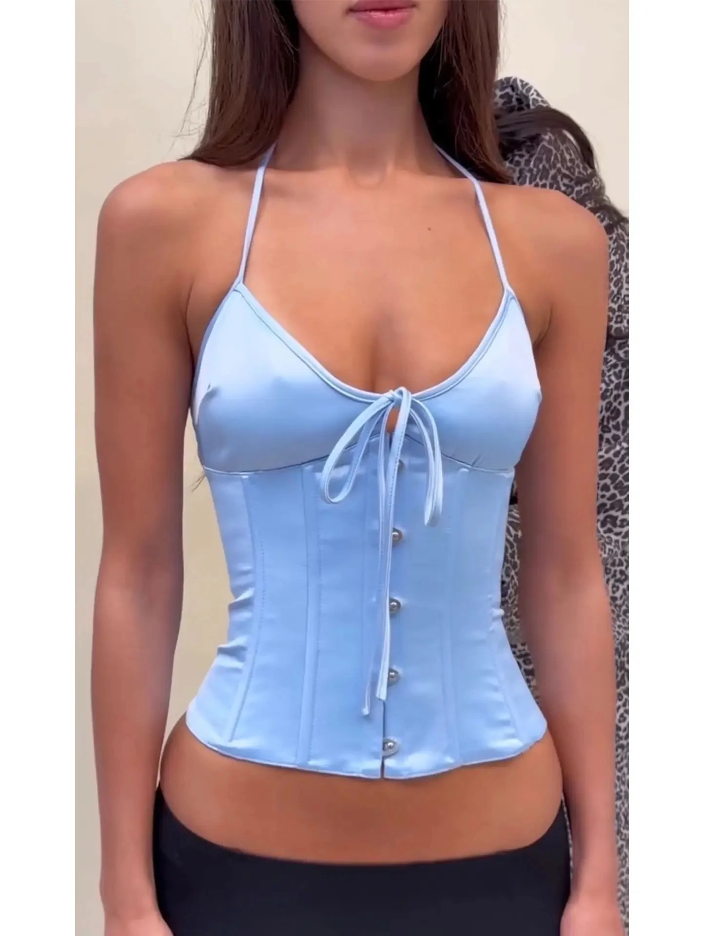 Guz Light Blue Satin Fishbone Corset with Spaghetti Straps and V-Neck Design, Back-Tie Style for a Slimming Look, Stylish Corset with Straps to Cinch the Waist and Make You Look Slimmer, Sexy Outerwear Tank Top, Straps - view 3