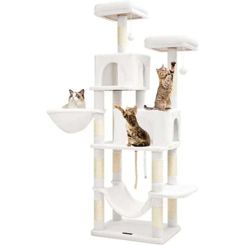 

66.2-Inch Cat Tower for Indoor Cats, Plush Multi-Level Cat Condo with 12 Scratching Posts, 2 Perches, 2 Caves, Hammock, Pompoms