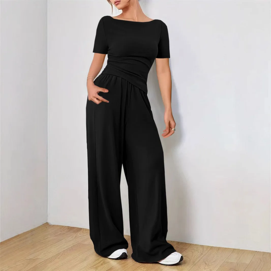 

Women Tracksuit Set Solid Color Sport Round Neck Trouser Set Summer Elegant Short Sleeves Pant Sets High Waist Gym 2-pieces Set