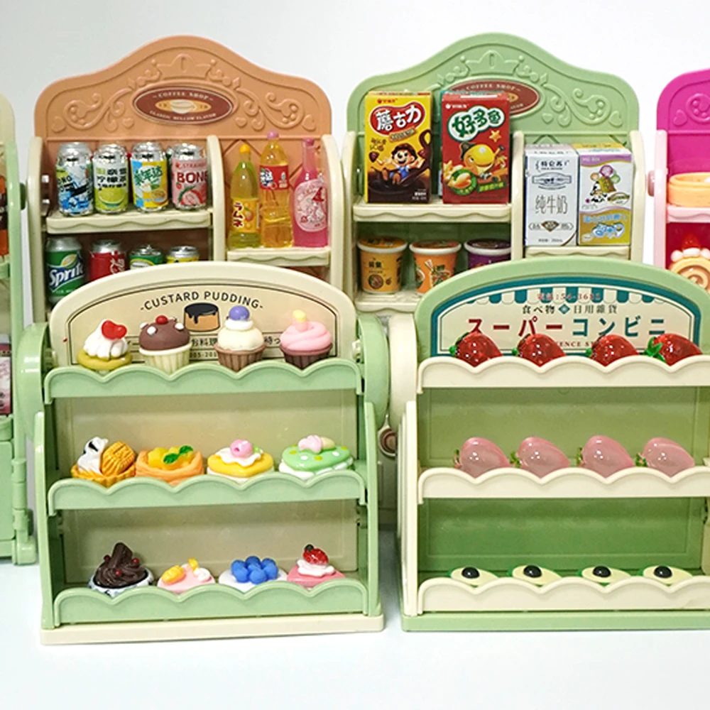 Miniestante de cocina para niñas, mueble en miniatura de 30 piezas, para postres, bebidas, comida, supermercado, tienda, casa de muñecas