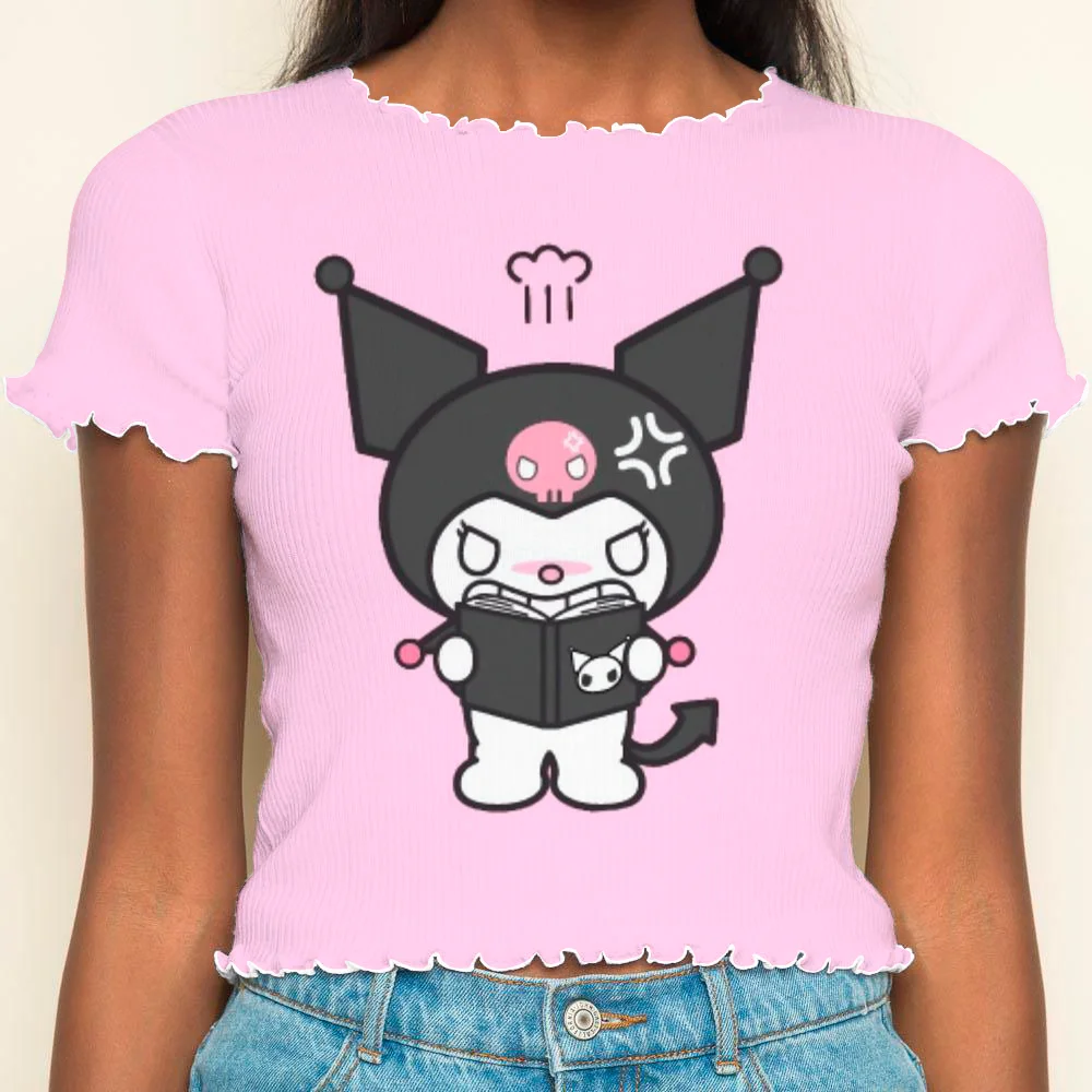 Anime Kpop Kuromi Y2k Lettuce Trim Woman Clothing Crop Top Kawaii T-shirt Short Sleeve Tops Sexys Summer Clothes Women 2024 Tees