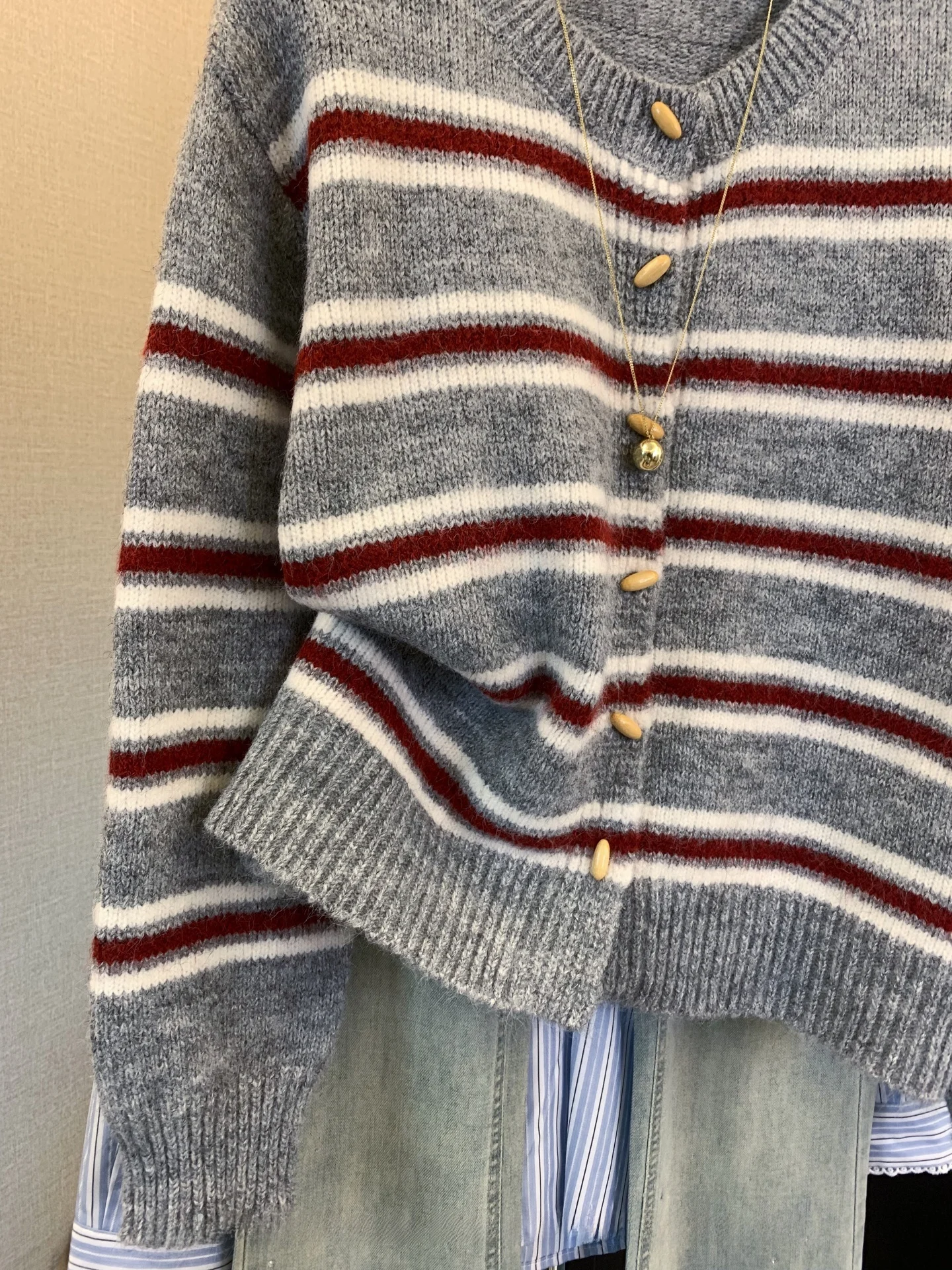 Autumnal Soft Striped Long Sleeve Knitted Sweater Women's Vintage Button-Up Cardigan Lazy Cozy Knitwear Jacket Korean Style