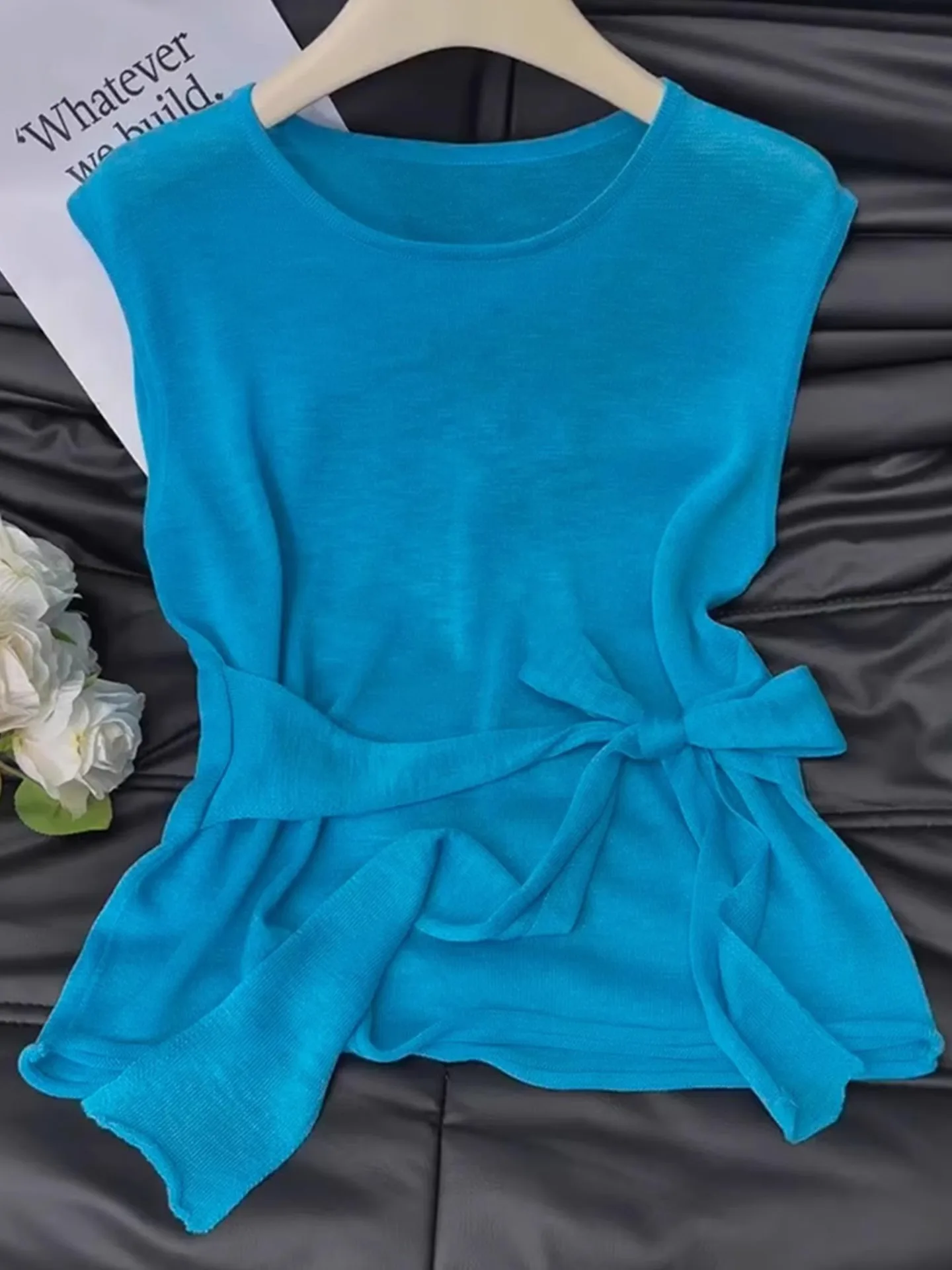 Ceco de Mujer de Punto de Seda de Hielo de Color Puro, Diseño sin Mangas con Cuello Redondo, Sensación de Alta Costura, Es...