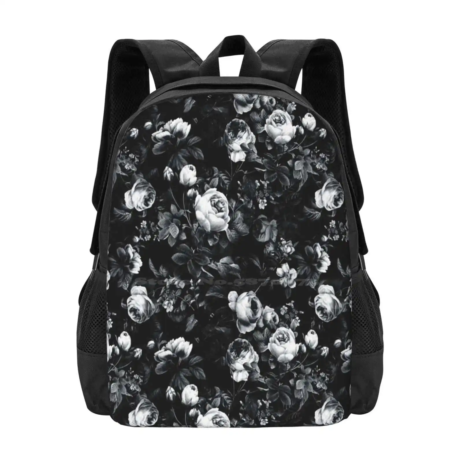 Roses Black And White Teen College Student Backpack Pattern Design Bags Floral Pattern Fashion Homedecor Moda Designer Flowers