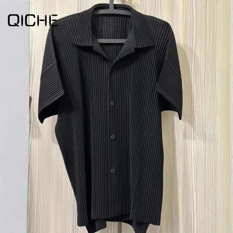 QICHE 2026 Men Pleated Short‑Sleeve Shirt Cardigan Loose Side‑Slit Casual Outerwear For Spring Summer Autumn