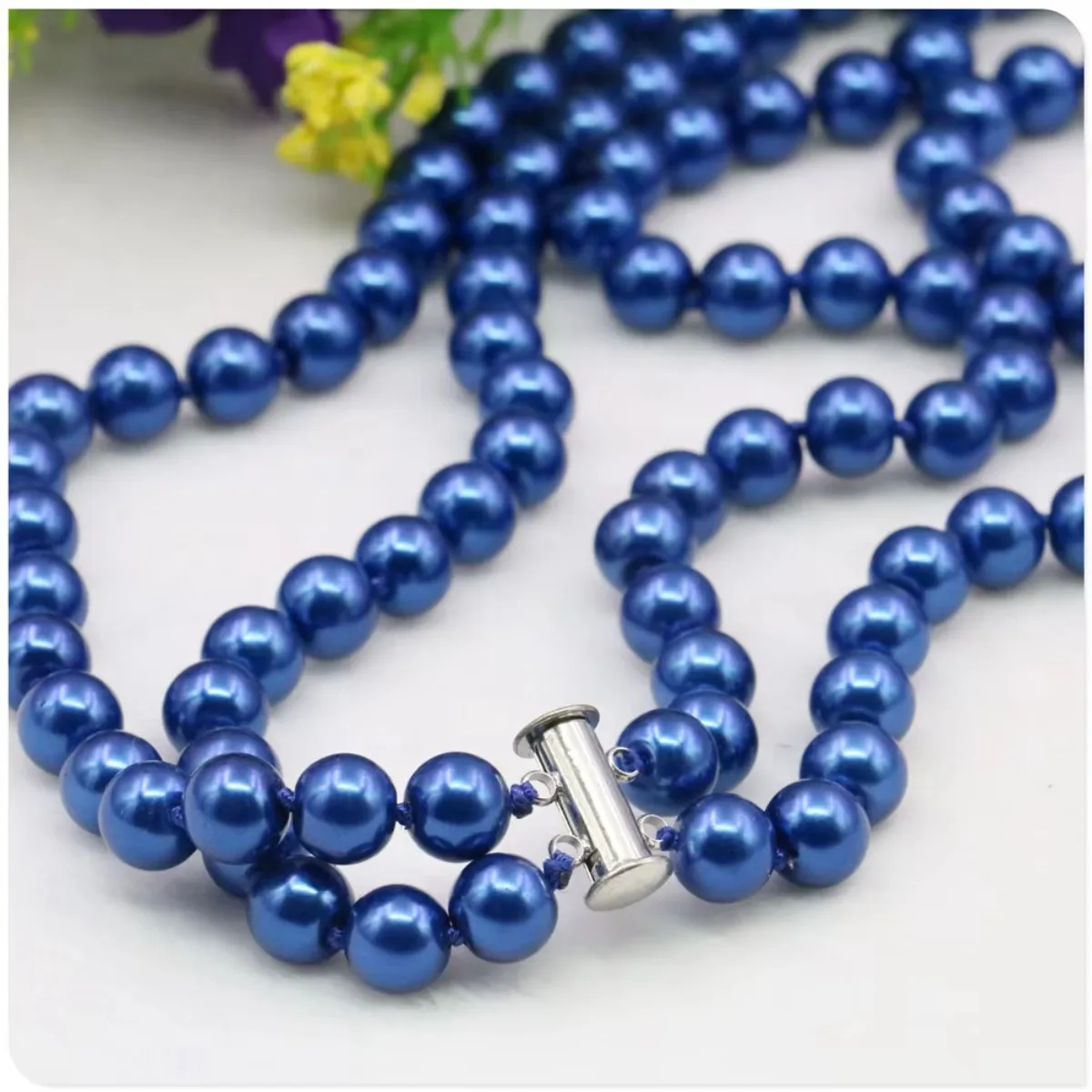 

2Rows 8mm Blue Glass Pearl Shell Necklace DIY Accessories Women Girl Fashion Jewelry Making Design Rose Clasp Hand Mand Ornament