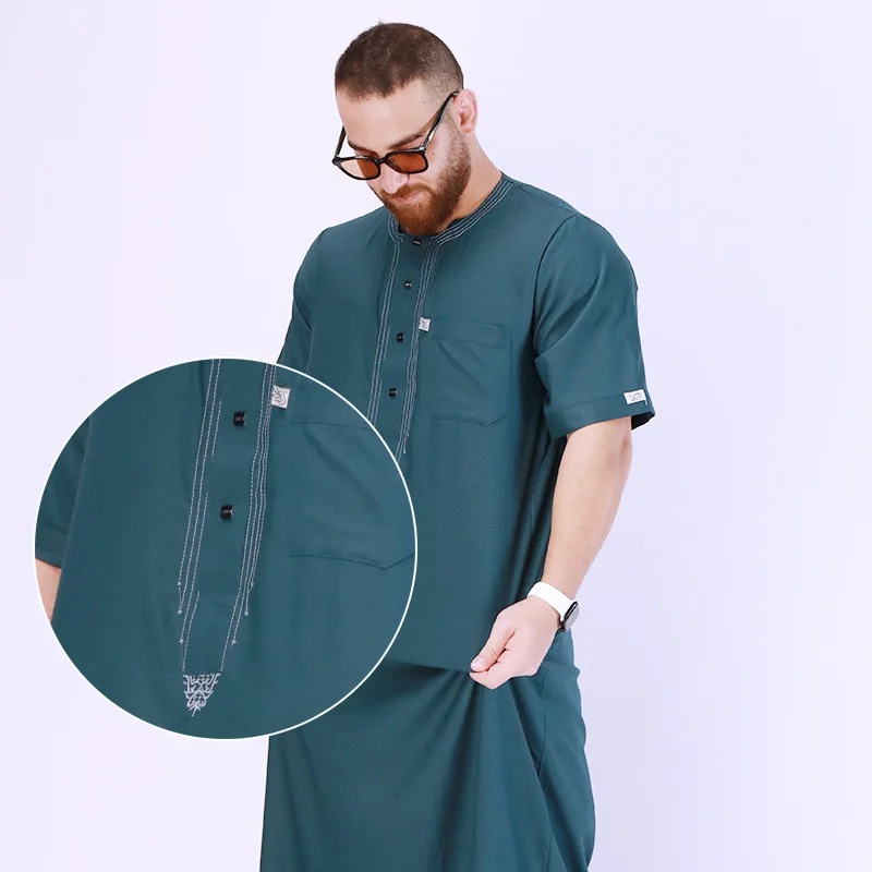 Muslim Robes Men Jubba Thobe Short Sleeve Embroidery Islamic Traditional Loose Leisure Clothing Middle East Arab Kaftan Abaya