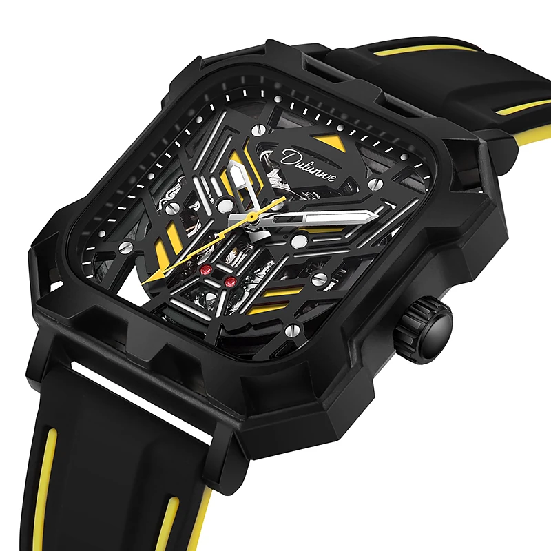 Dulunwe Automatic Mechanical Watch for Men Hollow Square Dial Original Hand Clock Luminous Waterproof Man Watch
