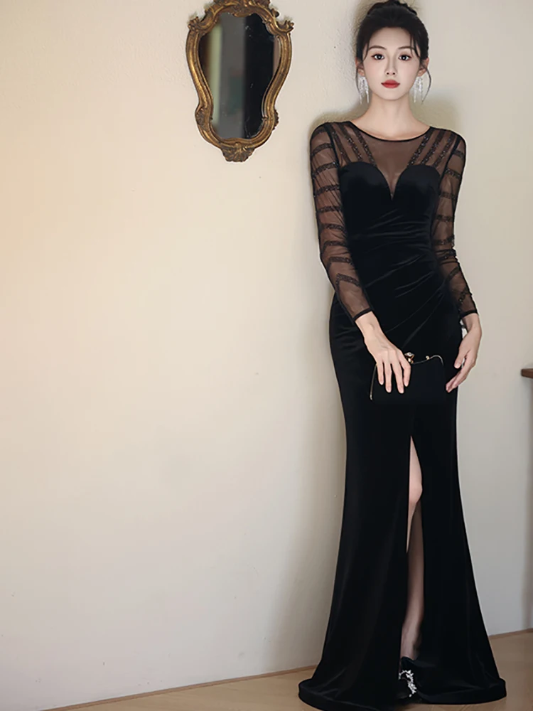 2025 vestido Sexy transparente de malla de retales de terciopelo negro para mujer vestido de noche de lujo Hepburn Vintage Otoño Invierno vestido ajustado coreano