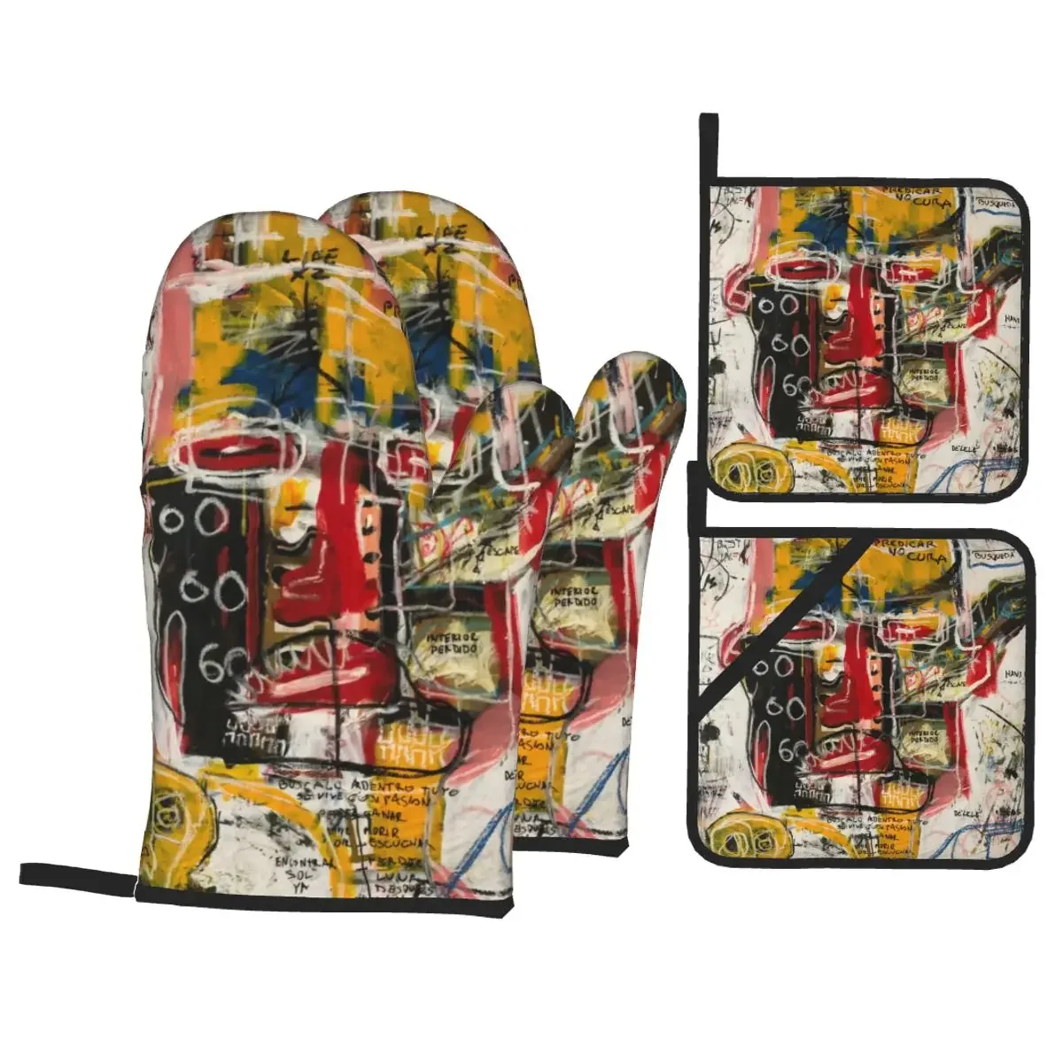 

Delete Zone Basquiats Graffiti Art Oven Mitts and Pot Holders 4pcs Set High Heat Resistant Cooking Baking Gloves Kitchen BBQ