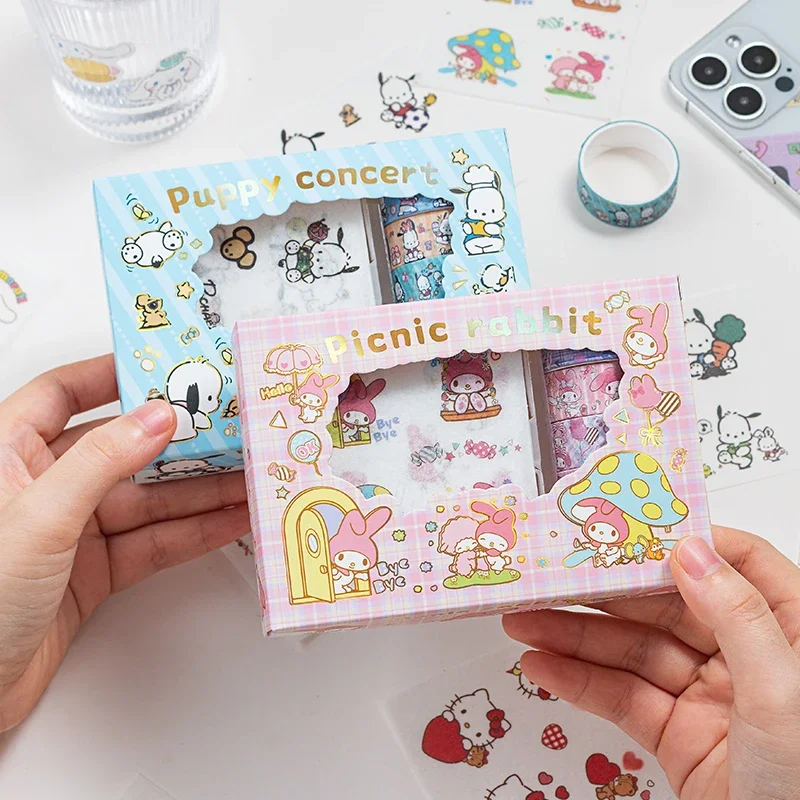 Sanrios Sticker Roll Gift Box Anime Hello Kitty Cinnamoroll Kuromi Melody Hand Acount Tape Cartoon Cute Stickers Decal Kids Toys