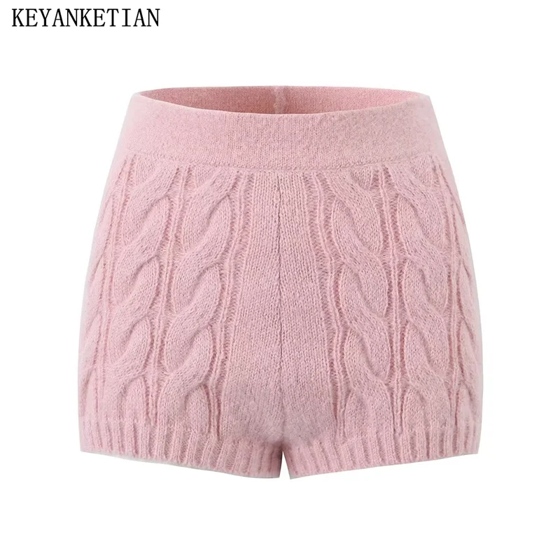 

KEYANKETIAN Women's Knitted Shorts Fall New Eight-Strand Braided Elastic High-Waisted Solid Color Ultra-Short Straight Leg Pants