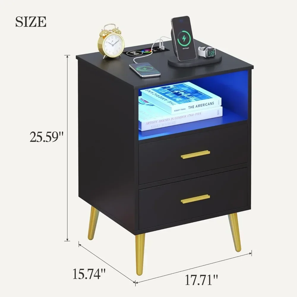 Night Stand set 2 with Charging Station, Smart Nightstand with LED Light, Table with 2 Drawers and Storage, Modern End Table