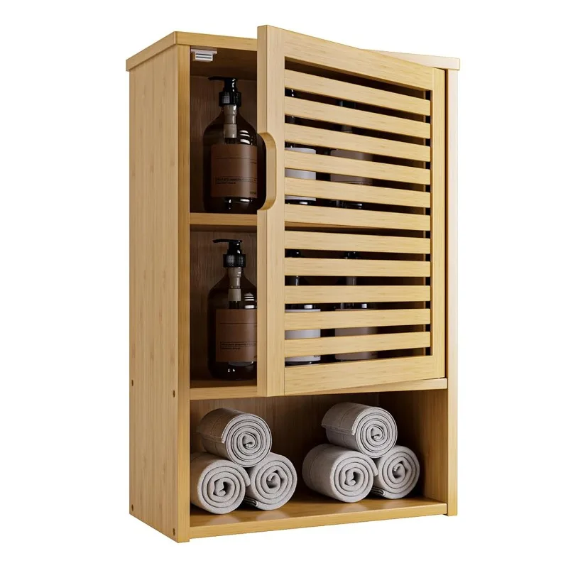 Bathroom wall cabinet Bamboo hanging storage rack with single door, open bottom shelf for kitchen and living room