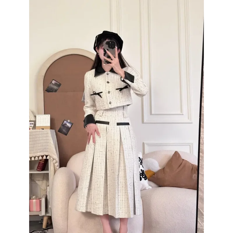 New Autumn Checkered Two-piece Set with Vintage and Elegant Women\'s Jacket+pleated High Waisted A-line Midi Skirt Set