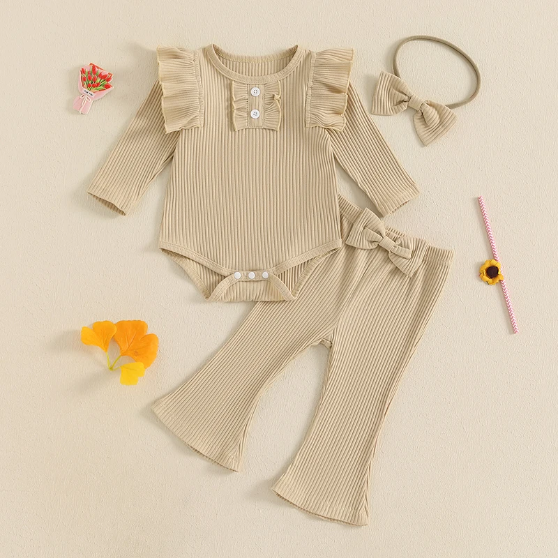 Baby Girls Fall Outfits Solid Color Ribbed Long Sleeves Romper and Flared Pants Headband Set 3 Piece Clothes