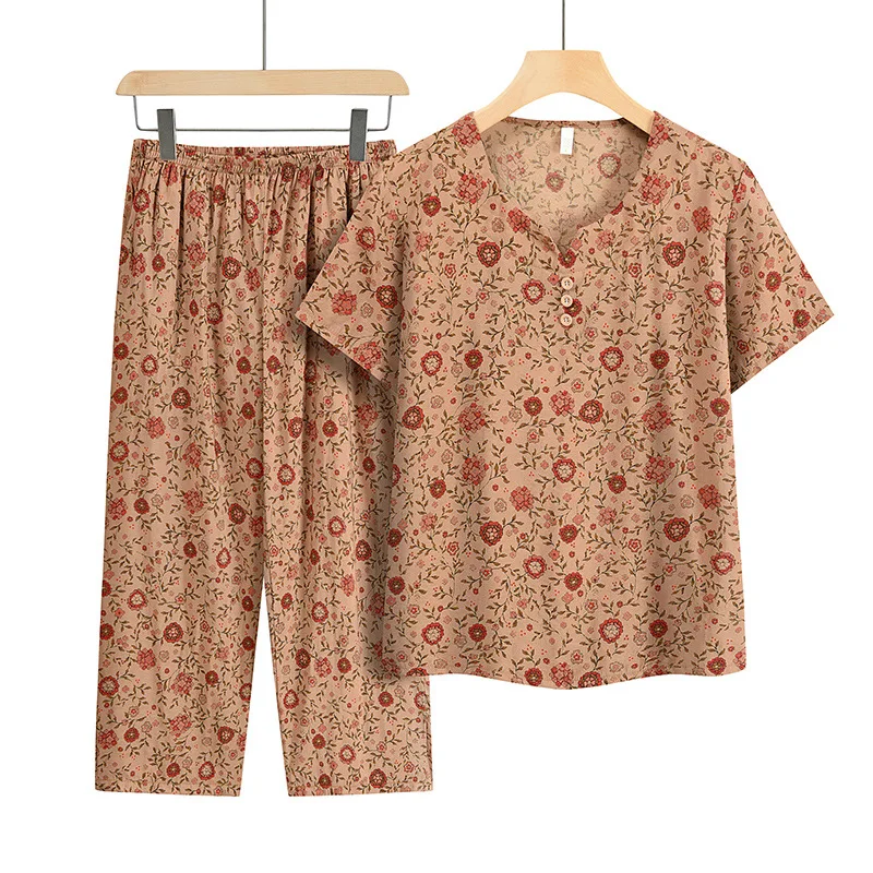 Grandma Two-piece Summer Short Sleeve Sleepwear floral Pajama Sets Suit Pijama Feminino Plus Size Homewear Pyjama Pour Femme