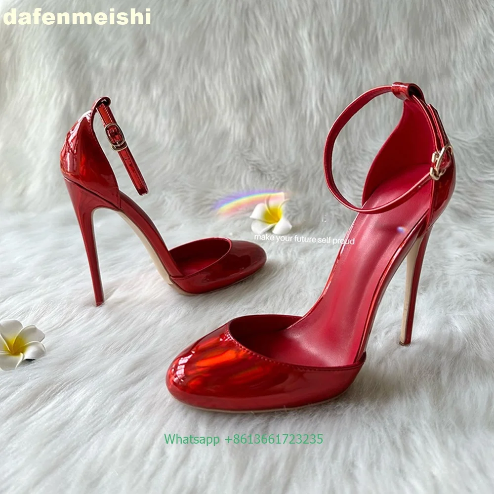 

2025 Fashion New Women Pumps Sexy Thin High Heel Round Toe Shallow Ankle Strap Sandals Patent Leather 10Cm/12Cm Solid Color Shoe