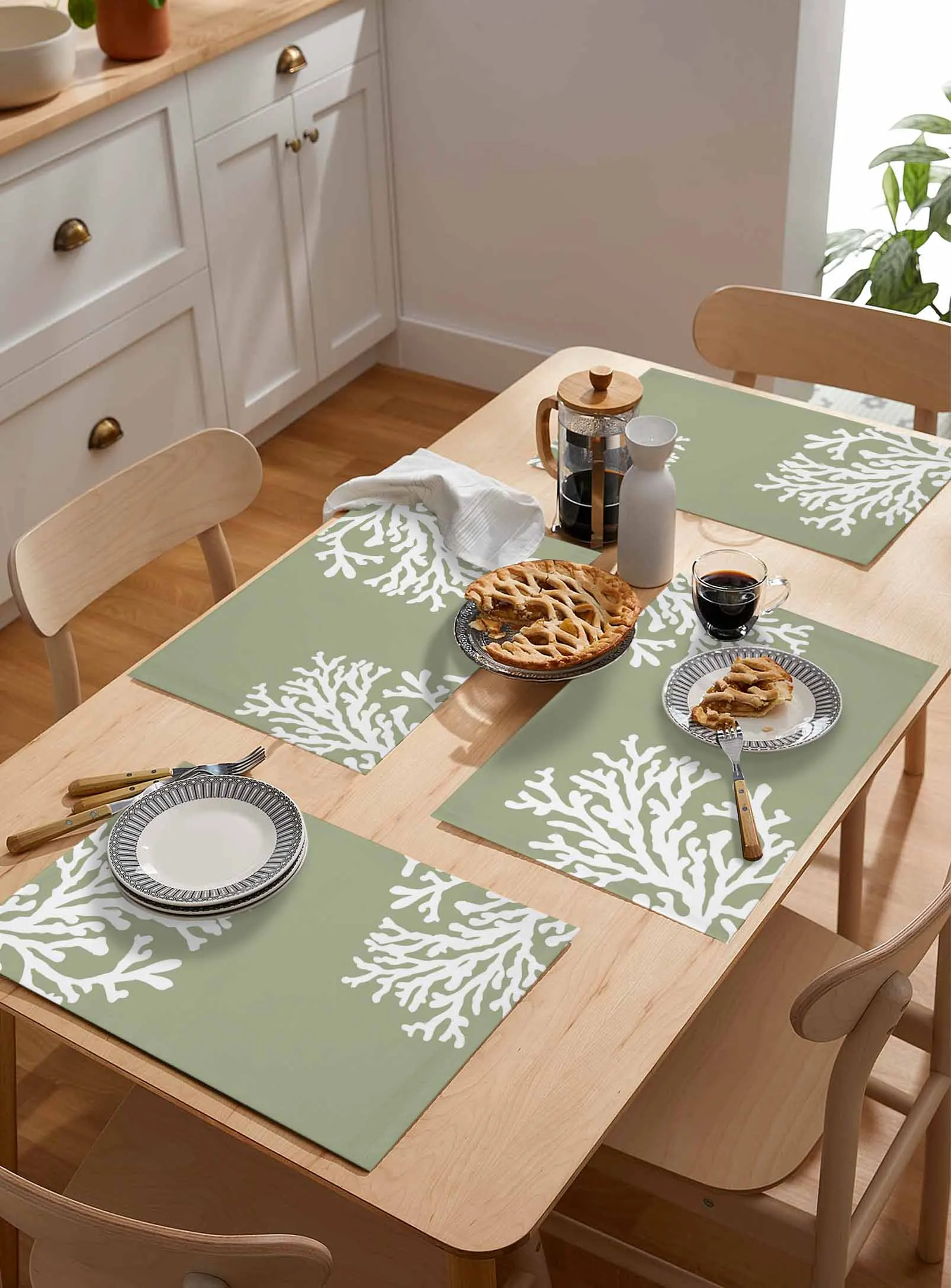 Coral Sage Green Kitchen Tableware Cup Bottle Placemat Coffee Pads 4/6pcs Desktop Mats