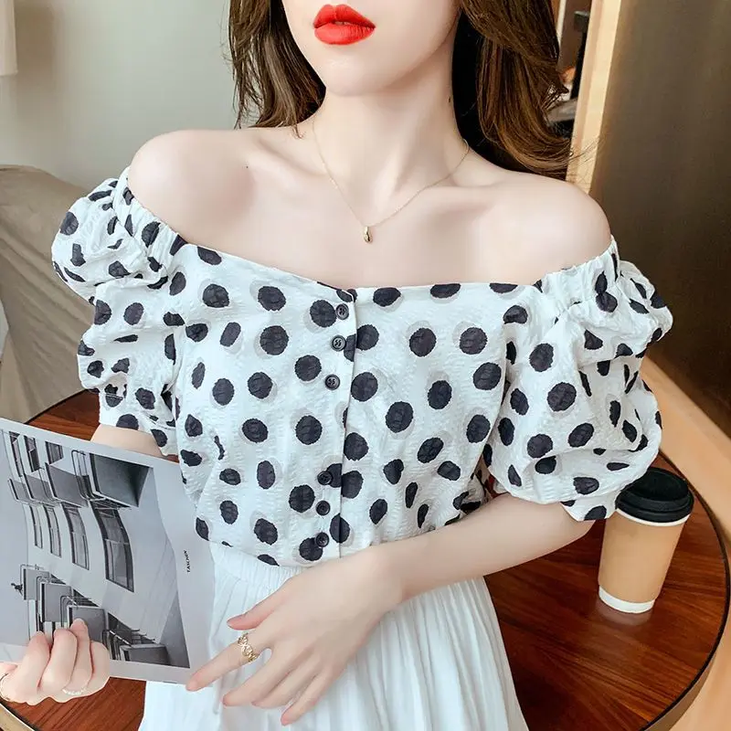 Polka Dot Printed Puff Sleeve Shirt for Women 2025 Summer New Style Chiffon V-neck Top Fashionable Short Sleeves