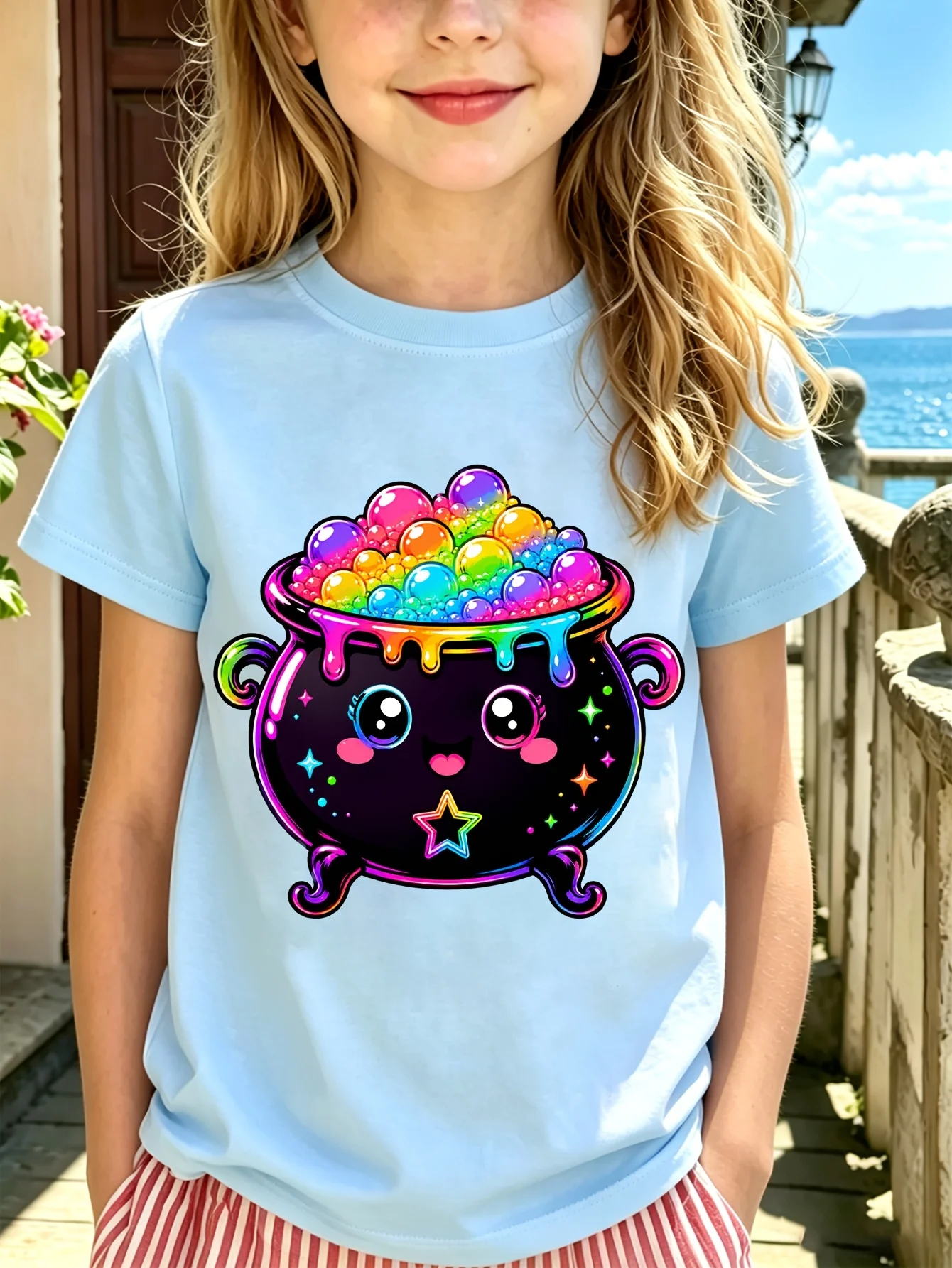 Cute Rainbow Witch Cauldron Kid Tee Colorful Bubble Graphic Print Boys Girls Family Matching Cotton Short Sleeve Children Tshirt