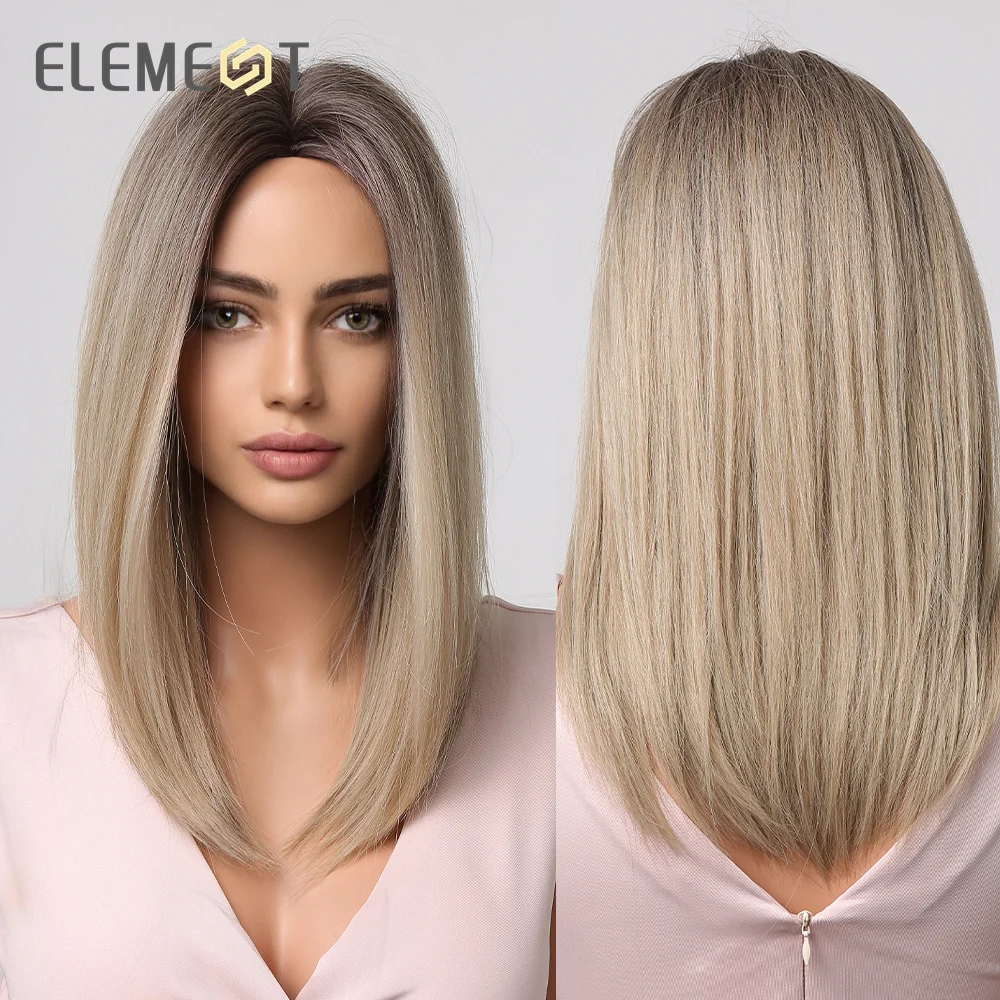 ELEMENT Synthetische Perücke Medium Gerade Ombre Dark zu Blonde für Frauen Wärme Beständig Täglichen Partei Natürliche Mode Stirnband Haar