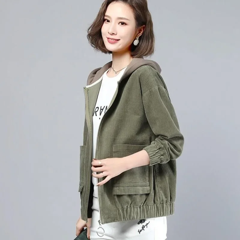 Women Classic Corduroy Patchwork Hooded Jackets Autumn Witner Loose Casual Hoodies Big Pockets New Chic Short Jackets Outwears