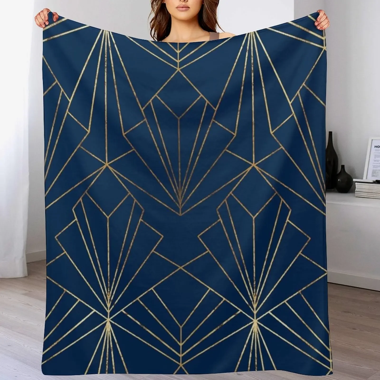 

Art Deco in Navy Blue - Large Scale Throw Blanket Summer Retros Soft Blankets