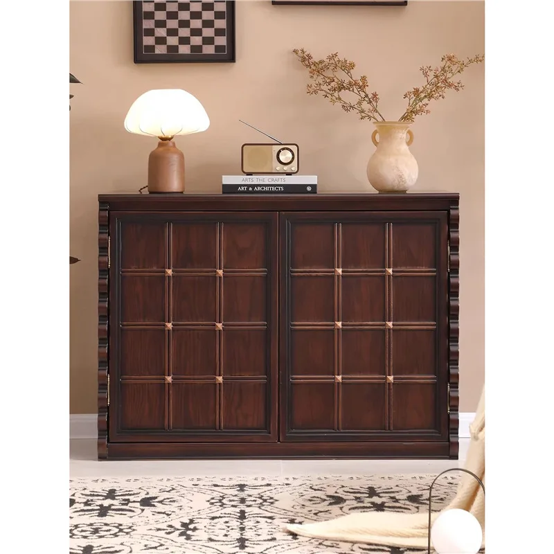Mid-Century Solid Wood TV Cabinet, Living Room, Floor-to-ceiling Storage Cabinet, American Combination Storage Cabinet, Chocolat