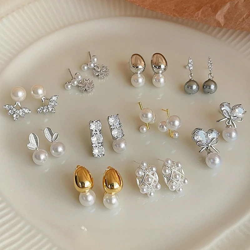 

Real 925 Sterling Silver Pearl Shining Zircon Geometric Stud Earrings For Women Party Fine Jewelry Elegant Accessories