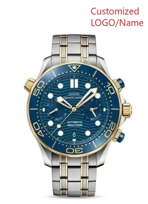 44mm 남성용 쿼츠 크로노그래프 시계 야광 고무 블랙 블루 세라믹 로즈 골드 스테인리스 스틸 맞춤형