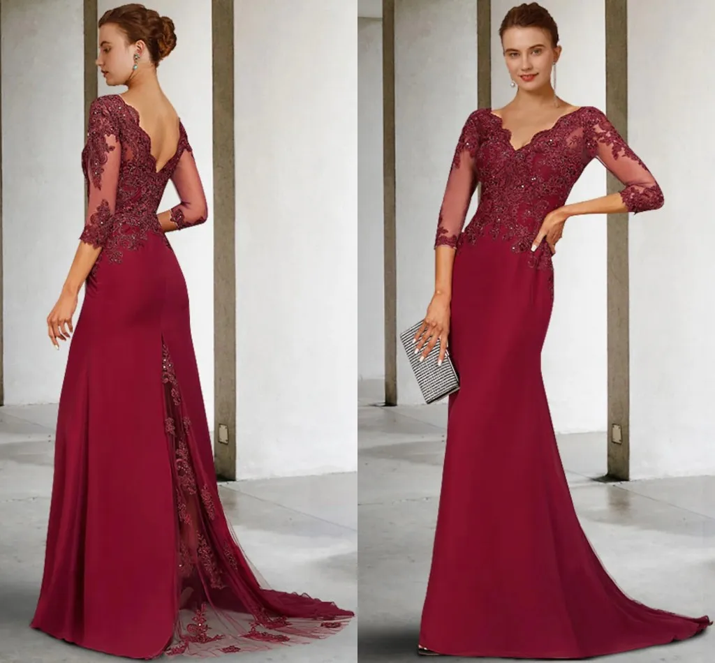 

Burgundy Mermaid Mother Of Bridal Dress 2025 V Neck Half Sleeves Beads Sequin Lace Chiffon Wedding Guest Party Gown Customed