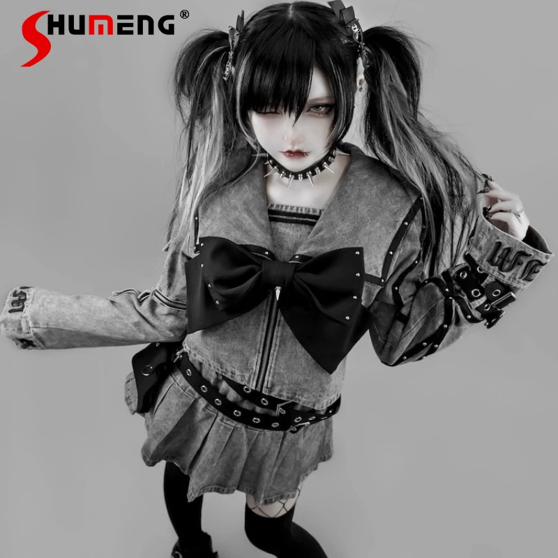 اليابانية Rojita Harajuku نمط كتلة اللون قصيرة سستة القوس القوطية حلقة مستديرة برشام الدنيم سترة معطف تنورة قطعتين مجموعة النساء