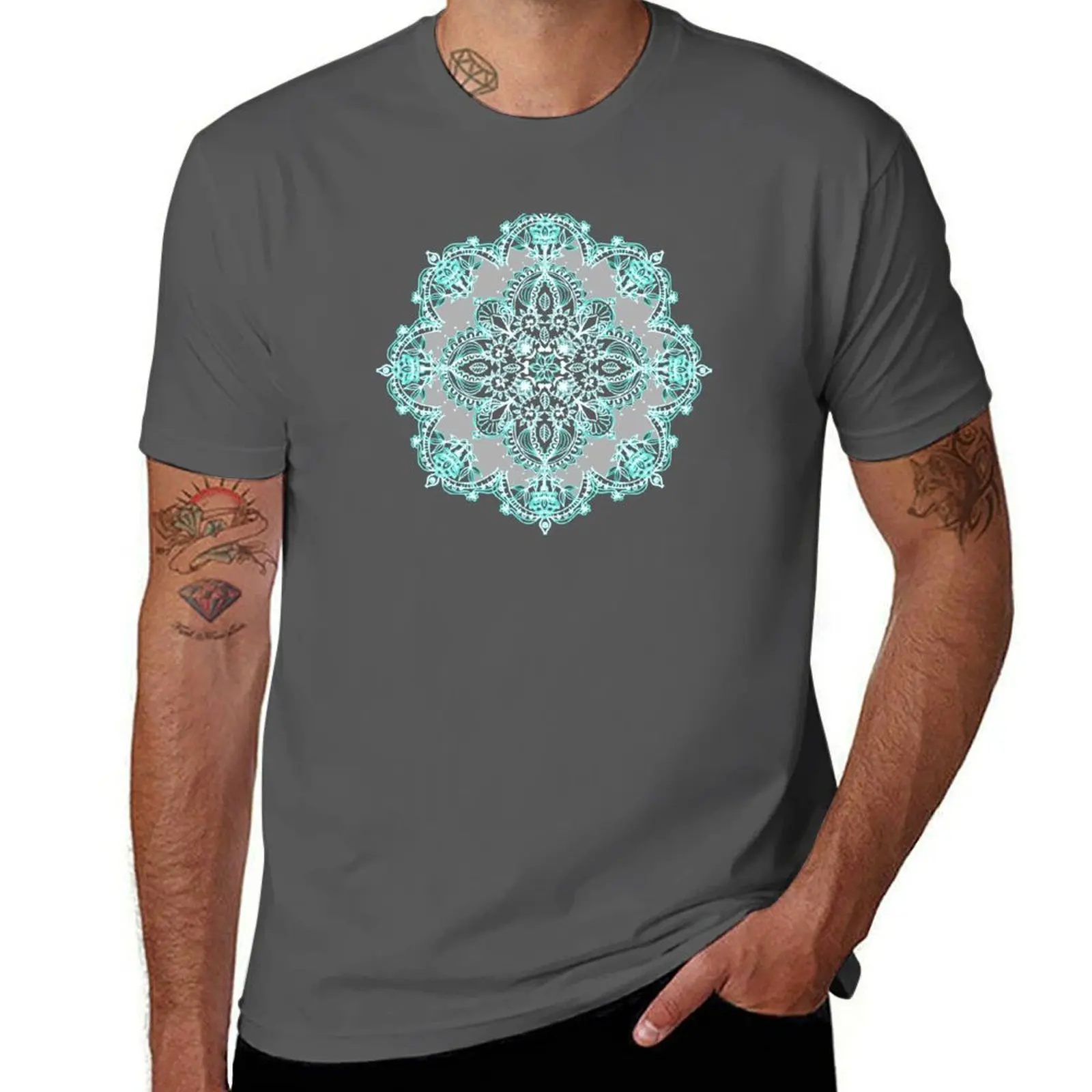 

Teal and Aqua Lace Mandala on Grey T-Shirt t shirts for man pack white man t shirts for men t shirts cotton 100% T-Shirt